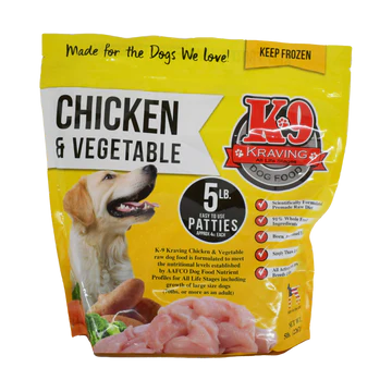 5 lb Bag - 20 Sliced Patties K-9 Kraving Chicken & Vegetable Formula Raw Dog Food