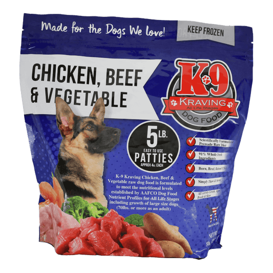 5 lb Bag - 20 Sliced Patties K-9 Kraving Chicken Beef & Vegetable Formula Raw Dog Food