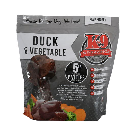 5 lb Bag - 20 Sliced Patties K-9 Kraving Duck & Vegetable Formula Raw Dog Food