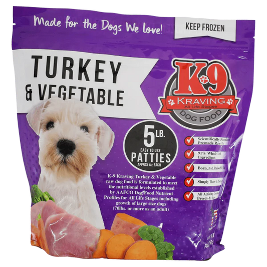 5lb Bag - 20 Sliced Patties K-9 Kraving Turkey & Vegetable Formula Raw Dog Food