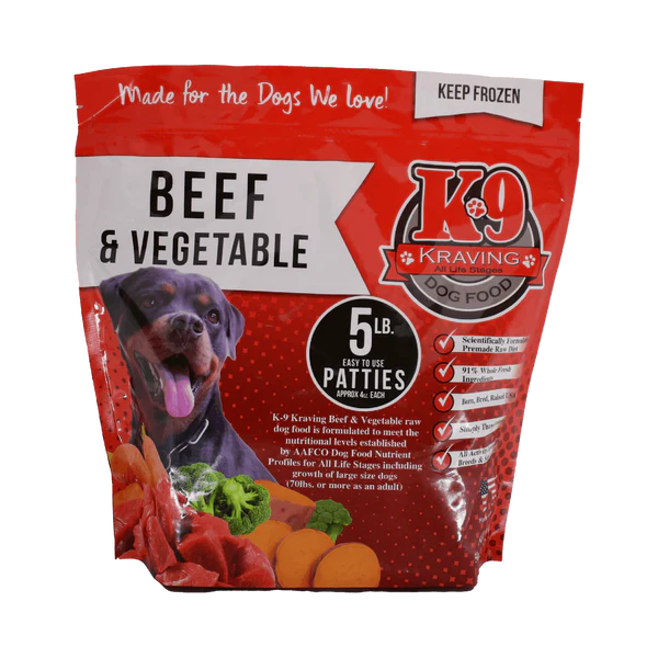 5 lb Bag - 20 Sliced Patties K-9 Kraving Beef & Vegetable Formula Raw Dog Food