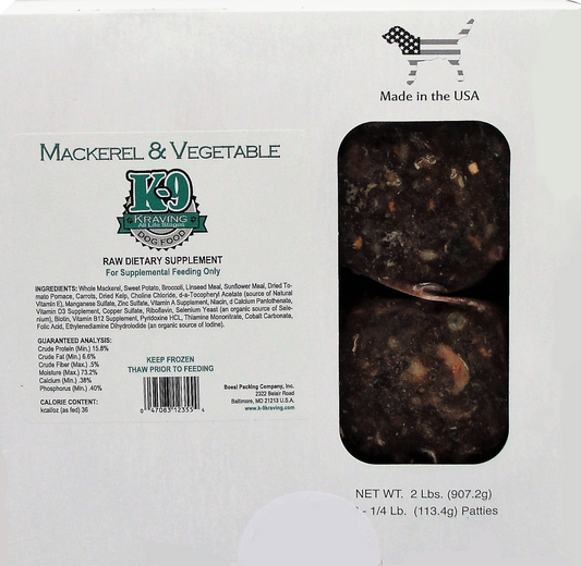 12 lb Case - 48 Sliced Patties Mackerel & Vegetable Formula Raw Dog Food